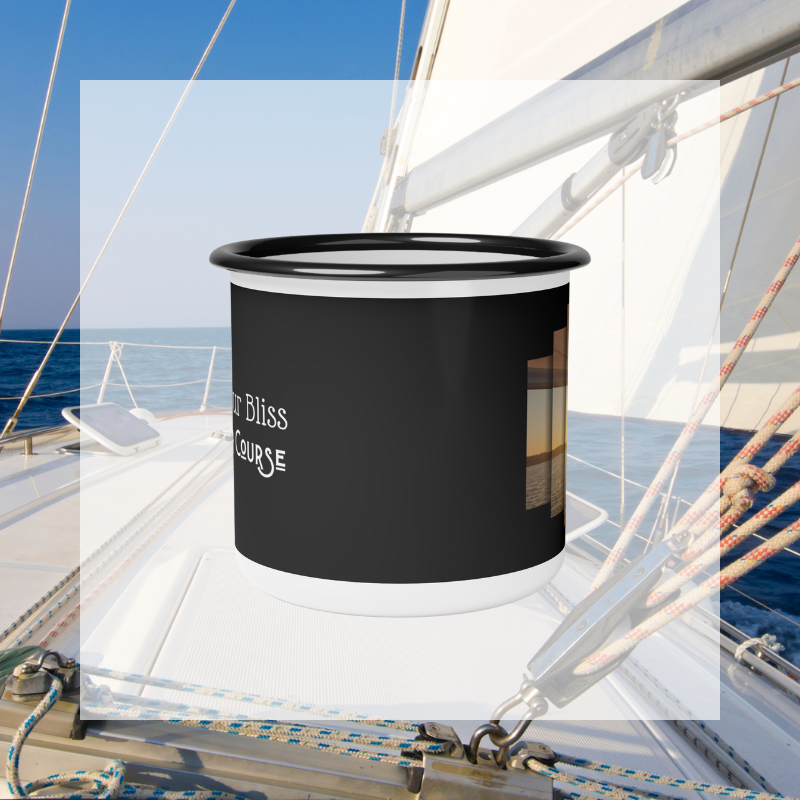 Enamel mug with a serene sailing design featuring a stunning sunset view through sail panels and the inspiring phrase 'Find Your Bliss, Sail Your Course'—ideal for adventurers and dreamers alike.