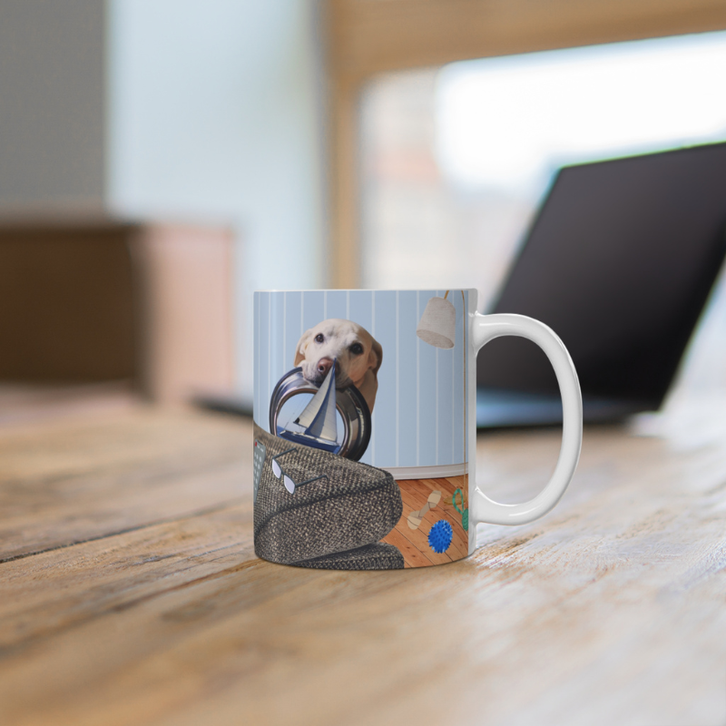 Light blue coffee mug featuring the text 'Salty Dogs Sailing on a Sea of Treats' with a playful illustration of a dog holding a food bowl with a sailboat in it, perfect for dog-loving sailors.