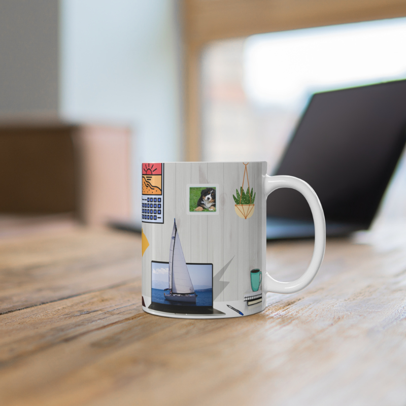 Light gray coffee mug with the text 'Office Sailor: Navigating Deadlines & Daydreams,' featuring a design of a sailboat on a computer screen, blending work-life with nautical inspiration.