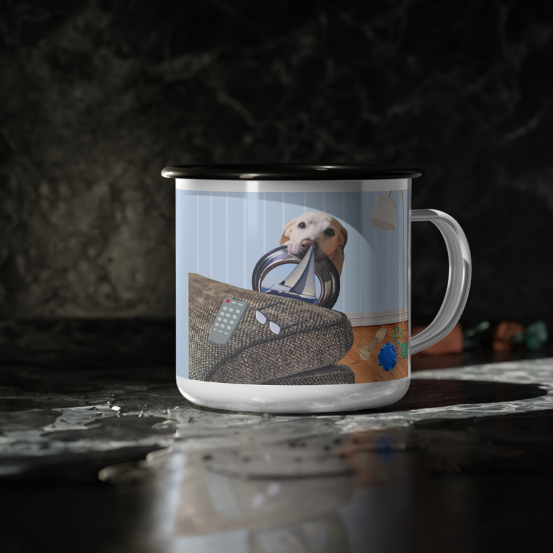 Enamel mug with the playful text 'Salty Dogs Sailing on a Sea of Treats,' featuring a whimsical dog illustration in a nautical-themed living room, perfect for dog lovers and sailing enthusiasts.