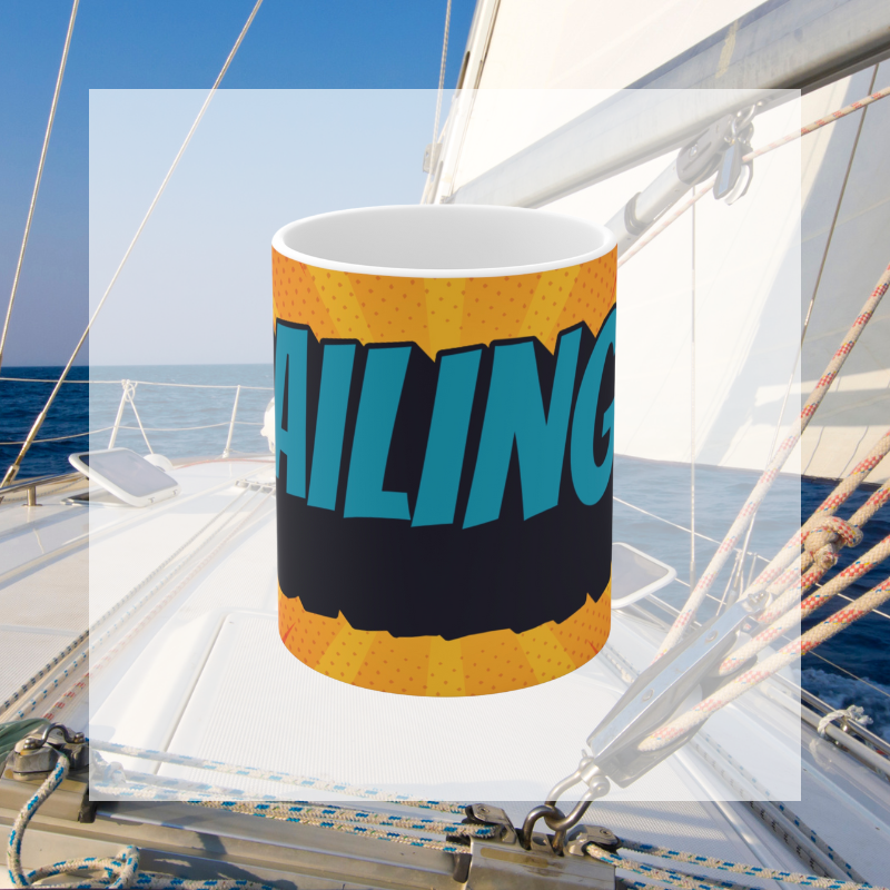 Vibrant coffee mug featuring a comic book-style design with bold, colorful Sailing text and dynamic orange and yellow background. Perfect for adding a splash of fun to your daily coffee routine.