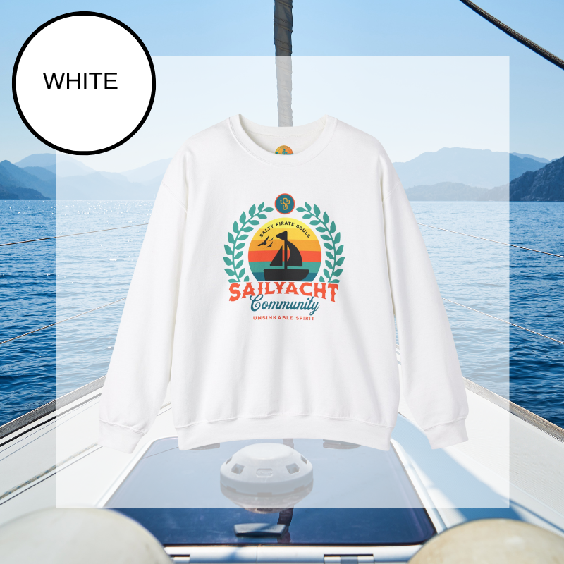 A white men's sweatshirt featuring a colorful nautical design with the text "Sailyacht Community" and "Salty Pirate Souls Unsinkable Spirit," displayed on a sailboat background.