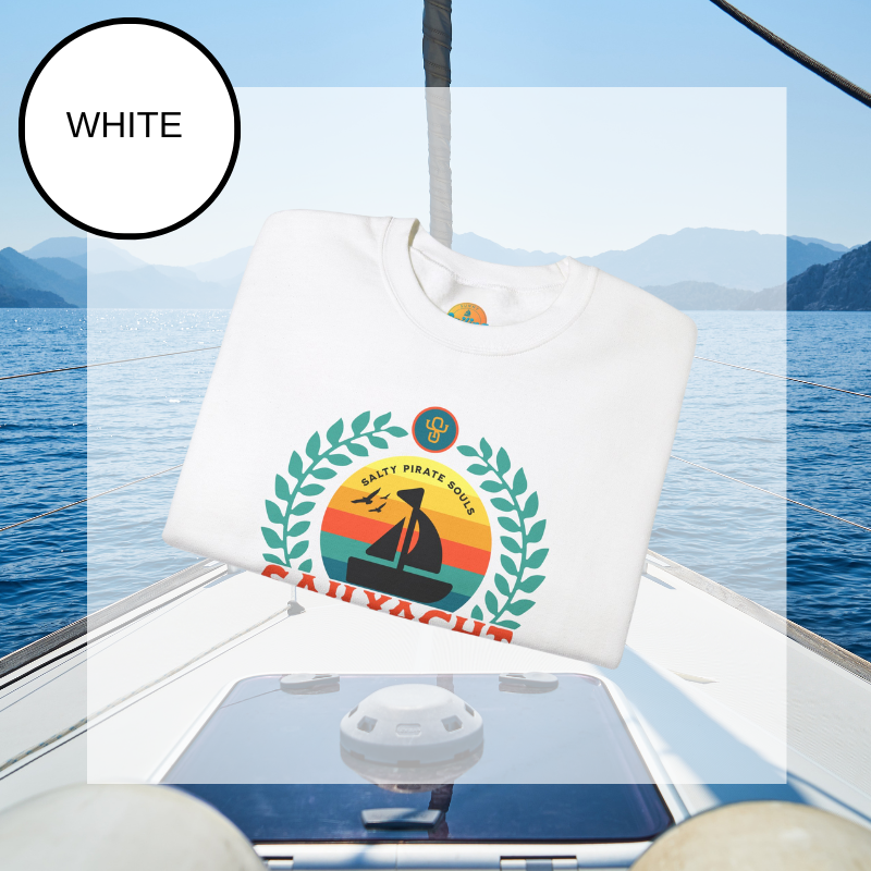 A white men's sweatshirt featuring a colorful nautical design with the text "Sailyacht Community" and "Salty Pirate Souls Unsinkable Spirit," displayed on a sailboat background.