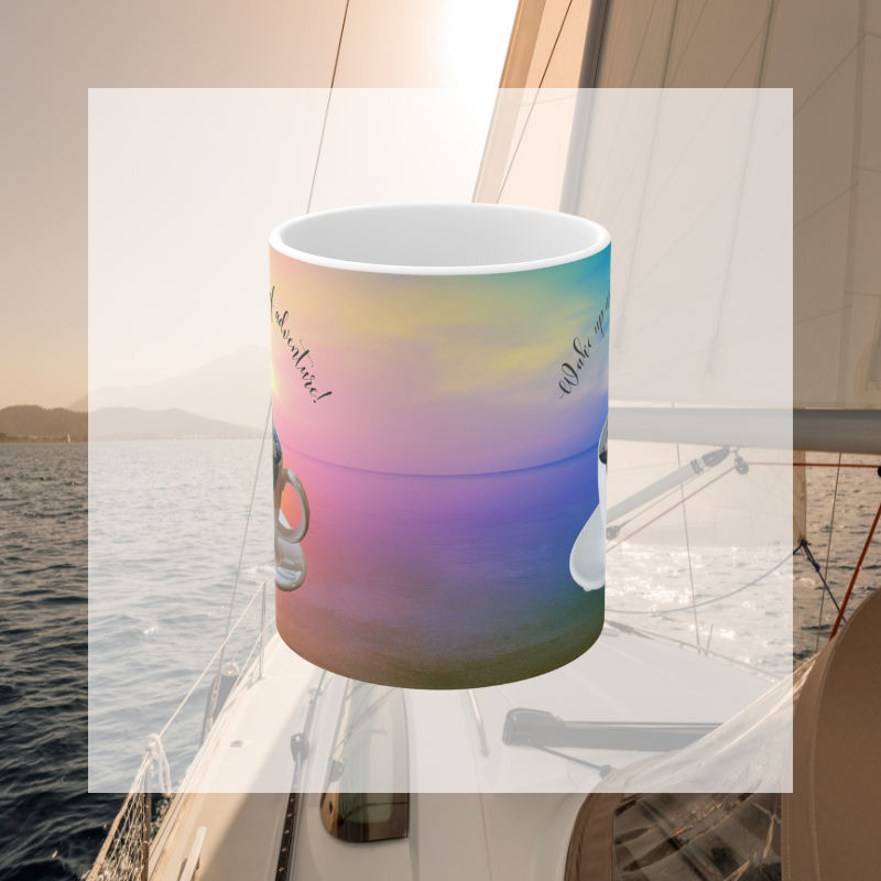 Scenic coffee mug featuring a sailboat floating in a coffee cup with the text 'Wake up with a cup of adventure,' perfect for sailors and dreamers.
