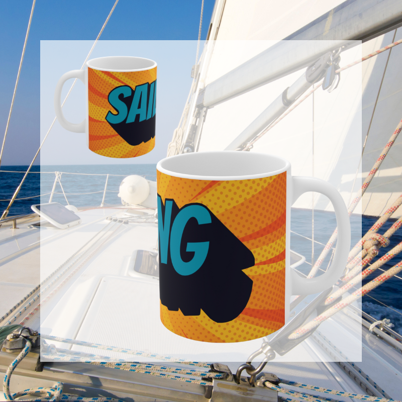 Vibrant coffee mug featuring a comic book-style design with bold, colorful Sailing text and dynamic orange and yellow background. Perfect for adding a splash of fun to your daily coffee routine.