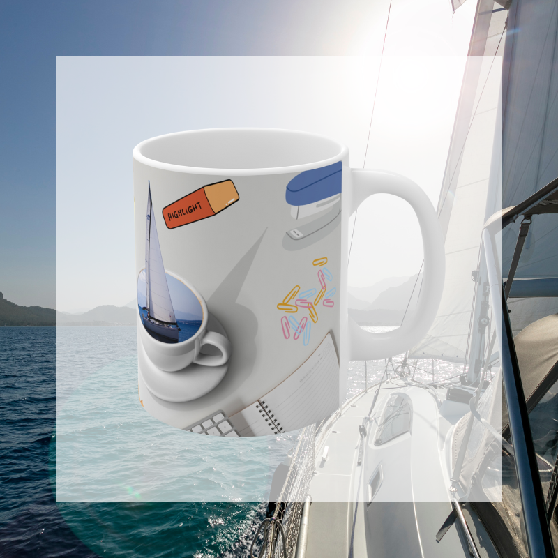 Blue coffee mug with the text 'Office Sailor: Navigating Deadlines & Daydreams,' featuring a playful design of a sailboat inside a coffee cup, perfect for combining work vibes with sailing dreams