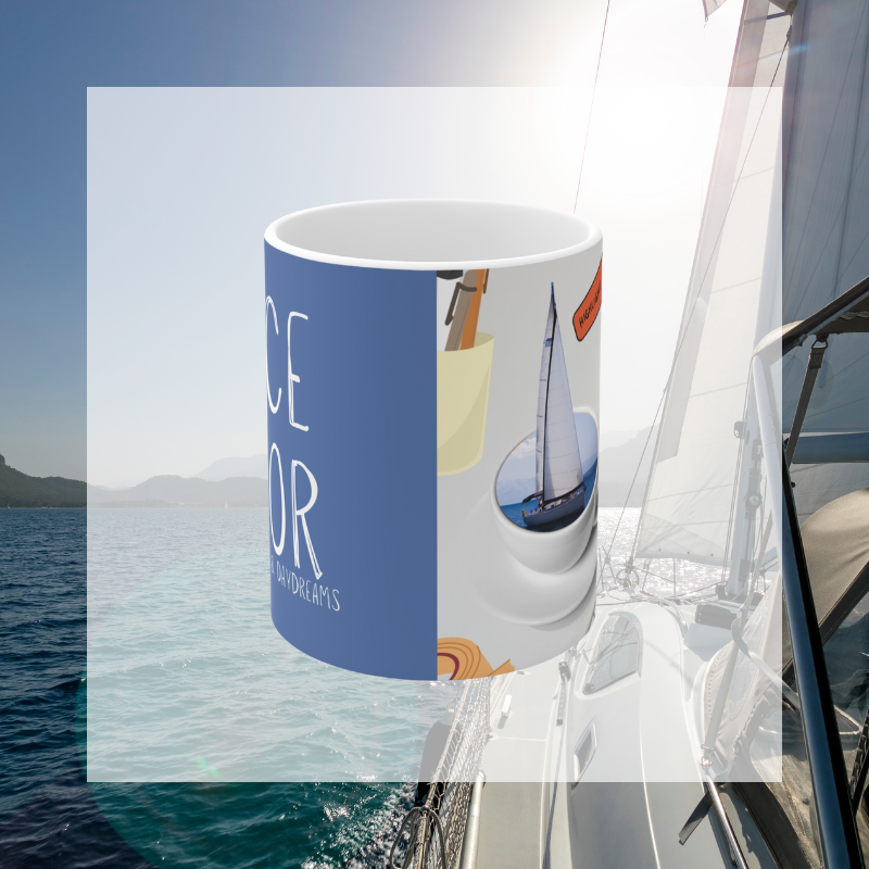 Blue coffee mug with the text 'Office Sailor: Navigating Deadlines & Daydreams,' featuring a playful design of a sailboat inside a coffee cup, perfect for combining work vibes with sailing dreams