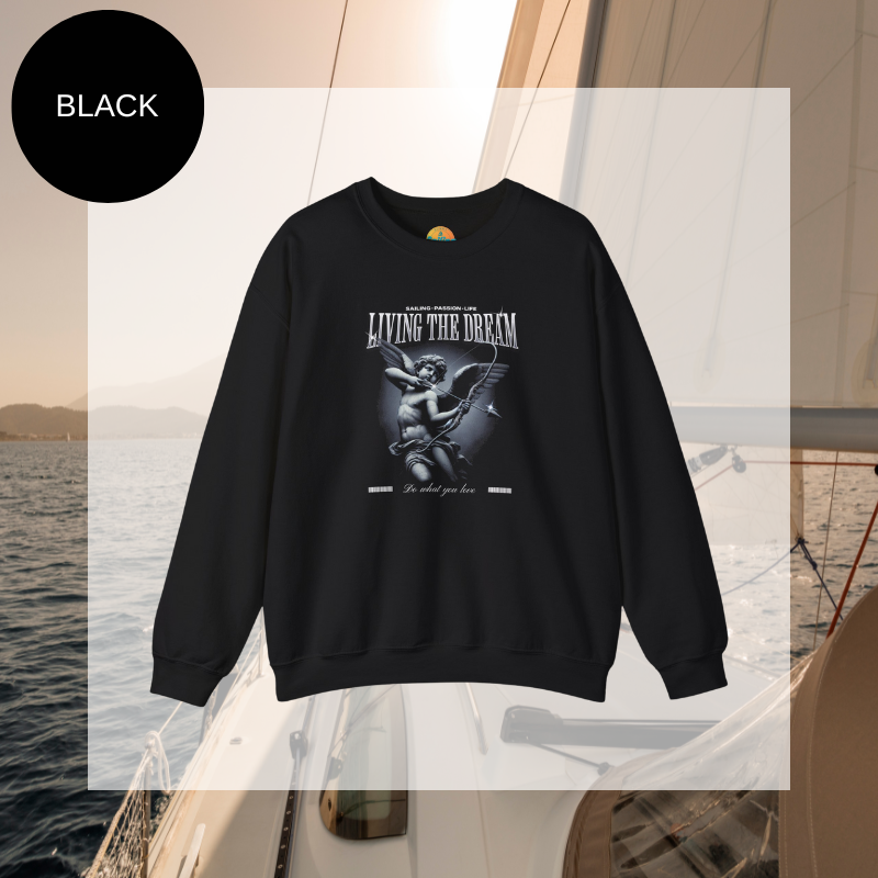 Black women's sweatshirt with 'Living the Dream' nautical-themed print, featuring an artistic sailor-inspired design, perfect for sailing enthusiasts.