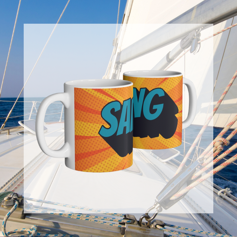 Vibrant coffee mug featuring a comic book-style design with bold, colorful Sailing text and dynamic orange and yellow background. Perfect for adding a splash of fun to your daily coffee routine.