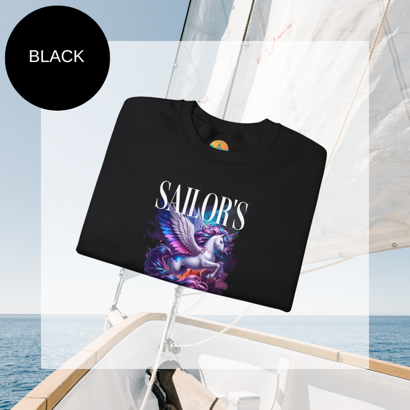 Women's black sweatshirt featuring a vibrant "Sailor's Unicorn" design with a mystical unicorn and text celebrating the perfect sailing journey. Ideal for cozy and stylish sailing enthusiasts.