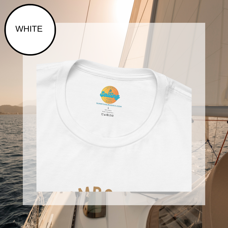 White t-shirt featuring a minimalist design with the text 'Champagne Sailing' in elegant gold lettering and a simple champagne glass icon, perfect for lovers of luxurious sailing vibes.