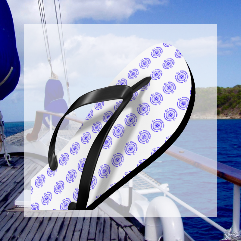 White flip-flops with a blue nautical pattern, ideal for sailors and ocean lovers seeking stylish comfort.