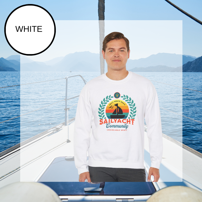A white men's sweatshirt featuring a colorful nautical design with the text "Sailyacht Community" and "Salty Pirate Souls Unsinkable Spirit," displayed on a sailboat background.