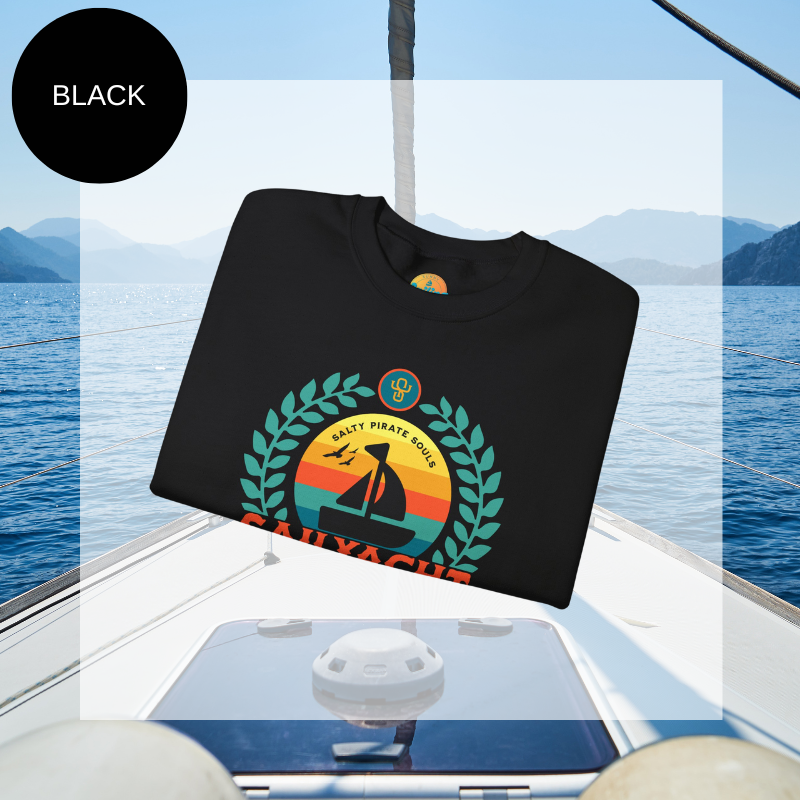 A black men's sweatshirt featuring a colorful nautical design with the text "Sailyacht Community" and "Salty Pirate Souls Unsinkable Spirit," displayed on a sailboat background.