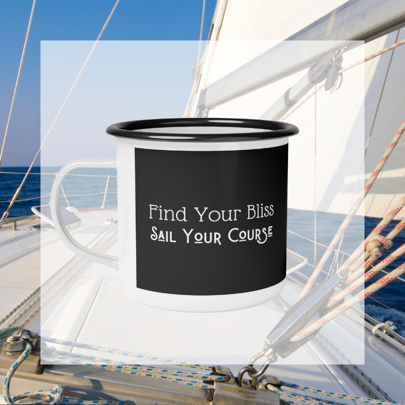 Enamel mug with a serene sailing design featuring a stunning sunset view through sail panels and the inspiring phrase 'Find Your Bliss, Sail Your Course'—ideal for adventurers and dreamers alike.