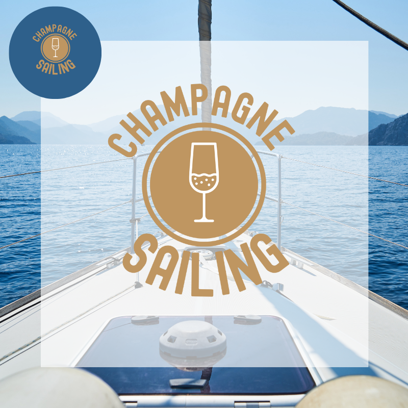White stainless steel water bottle featuring a gold champagne glass graphic and the text 'Champagne Sailing,' ideal for stylish sailing enthusiasts.