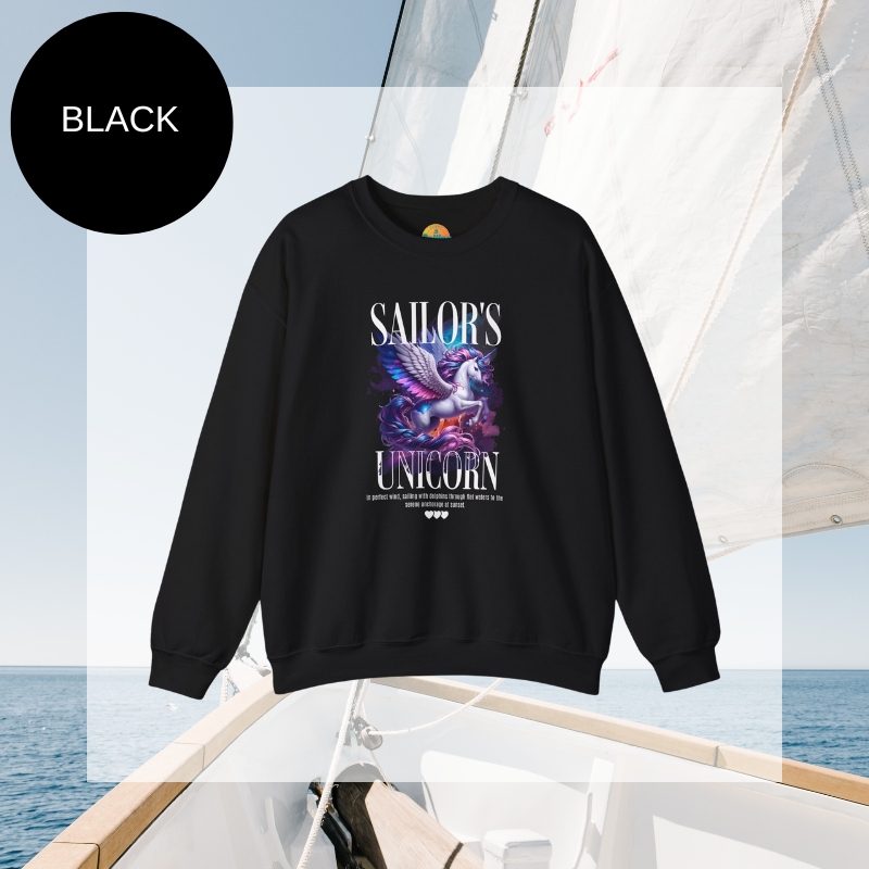 Women's black sweatshirt featuring a vibrant "Sailor's Unicorn" design with a mystical unicorn and text celebrating the perfect sailing journey. Ideal for cozy and stylish sailing enthusiasts.