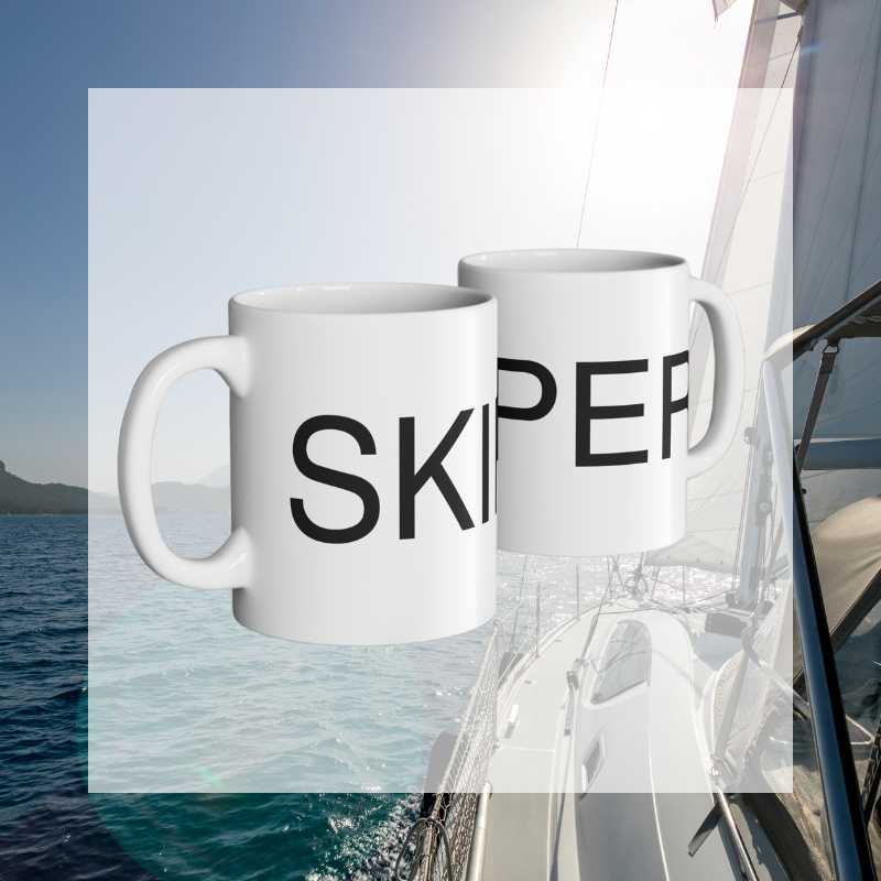 Minimalistic white coffee mug featuring bold black text that reads 'SKIPPER,' perfect for sailors and nautical enthusiasts