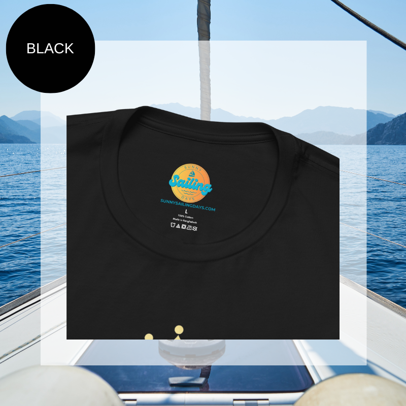 Black t-shirt with a gold crown graphic and the word 'SAILING' written vertically within the bold letter 'S', creating a regal and nautical-themed design.