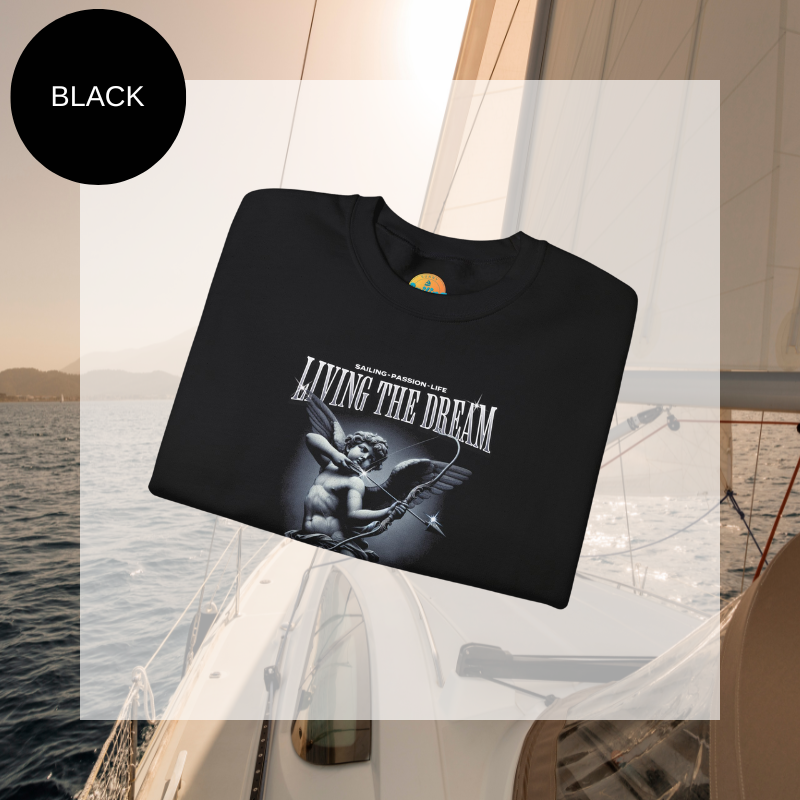 Black women's sweatshirt with 'Living the Dream' nautical-themed print, featuring an artistic sailor-inspired design, perfect for sailing enthusiasts.
