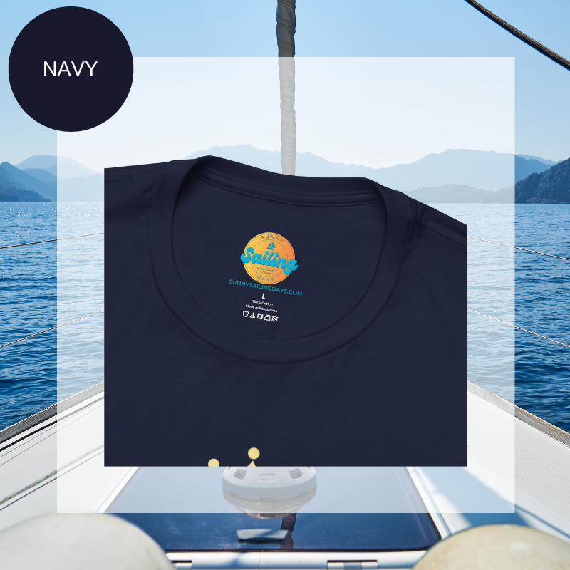 Navy blue t-shirt with a gold crown graphic and the word 'SAILING' written vertically within the bold letter 'S', creating a regal and nautical-themed design.