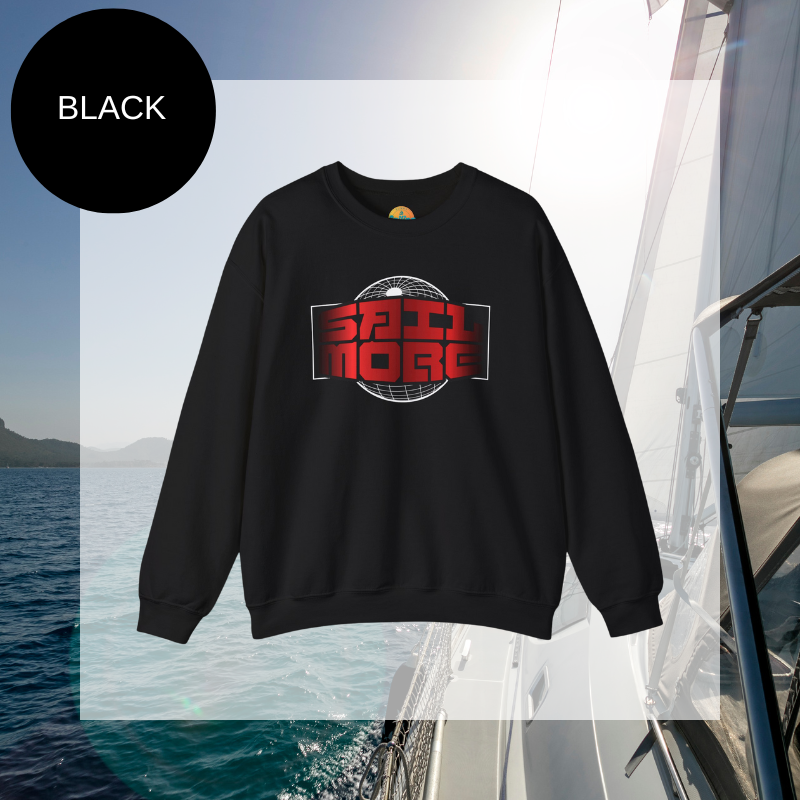 Men's black sweatshirt with a bold red and white 'Sail More' print featuring a globe-inspired design, perfect for sailing enthusiasts. 