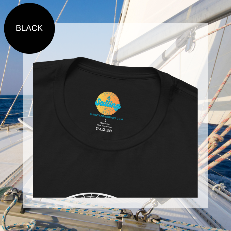 Black men's t-shirt with bold red 'SAIL MORE' text and a globe graphic, perfect for sailing enthusiasts.