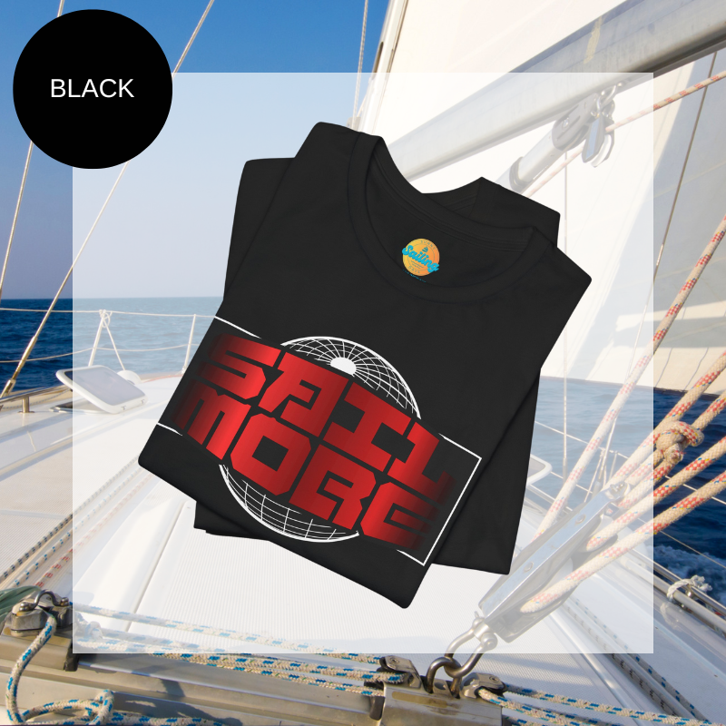 Black men's t-shirt with bold red 'SAIL MORE' text and a globe graphic, perfect for sailing enthusiasts.