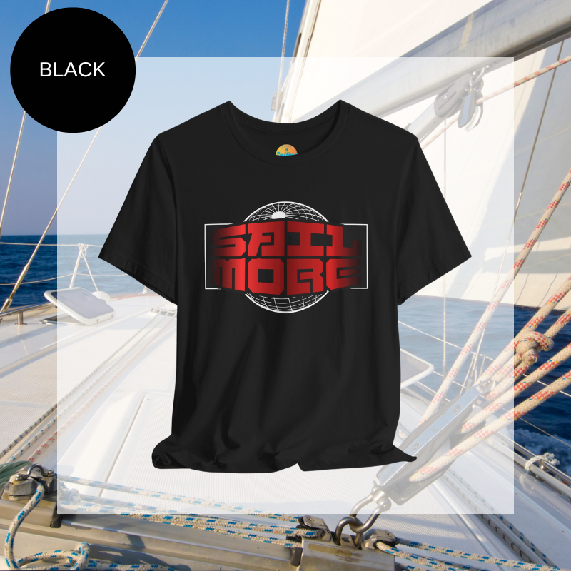 Black men's t-shirt with bold red 'SAIL MORE' text and a globe graphic, perfect for sailing enthusiasts.