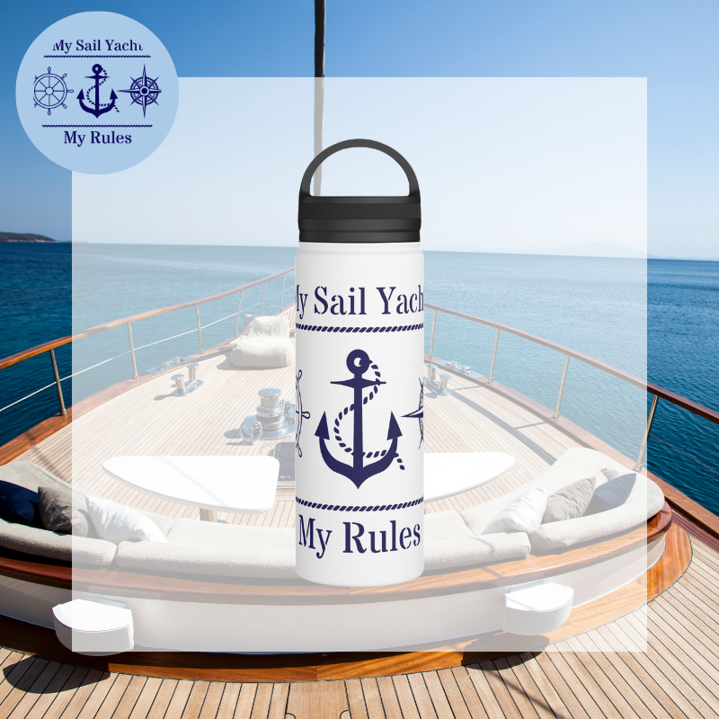 White stainless steel water bottle featuring a bold navy blue anchor design and the phrase 'My Sail Yacht, My Rules,' perfect for nautical enthusiasts asserting their style.