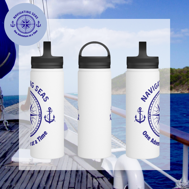 White stainless steel water bottle featuring a blue nautical compass design with the text 'Navigating Seas: One Adventure at a Time,' perfect for adventurous sailors.