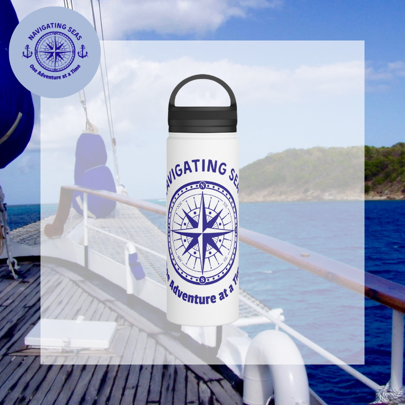 White stainless steel water bottle featuring a blue nautical compass design with the text 'Navigating Seas: One Adventure at a Time,' perfect for adventurous sailors.