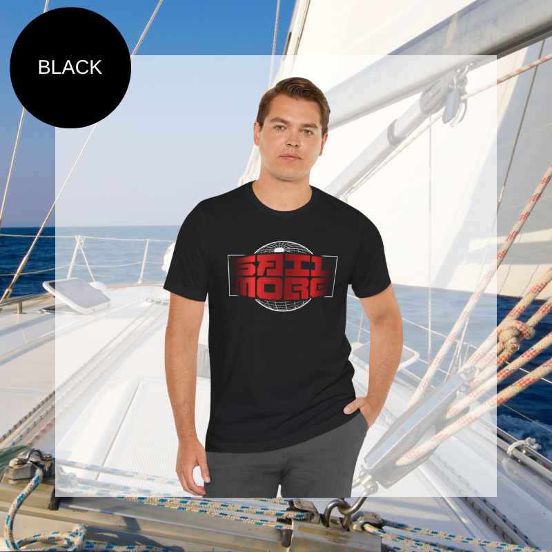 Black men's t-shirt with bold red 'SAIL MORE' text and a globe graphic, perfect for sailing enthusiasts.