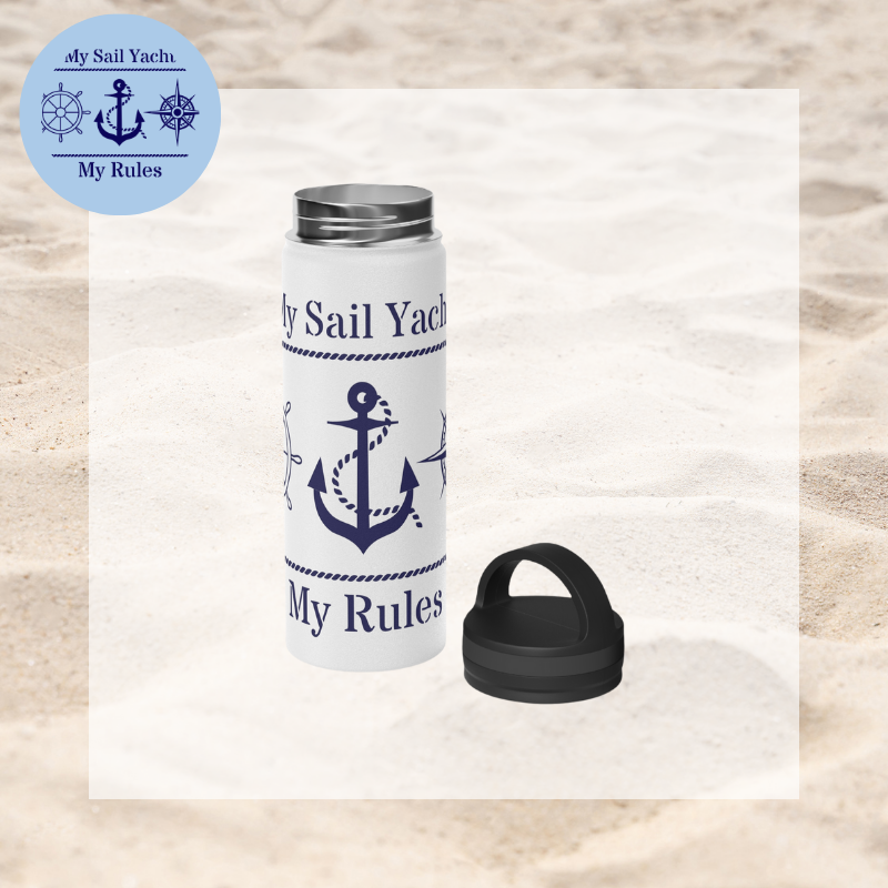 White stainless steel water bottle featuring a bold navy blue anchor design and the phrase 'My Sail Yacht, My Rules,' perfect for nautical enthusiasts asserting their style.