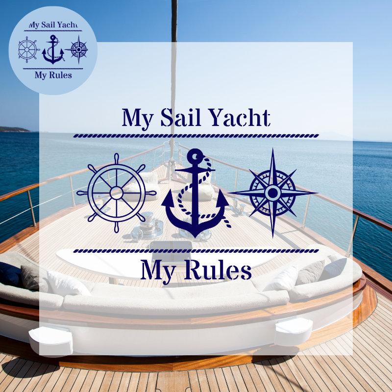 White stainless steel water bottle featuring a bold navy blue anchor design and the phrase 'My Sail Yacht, My Rules,' perfect for nautical enthusiasts asserting their style.