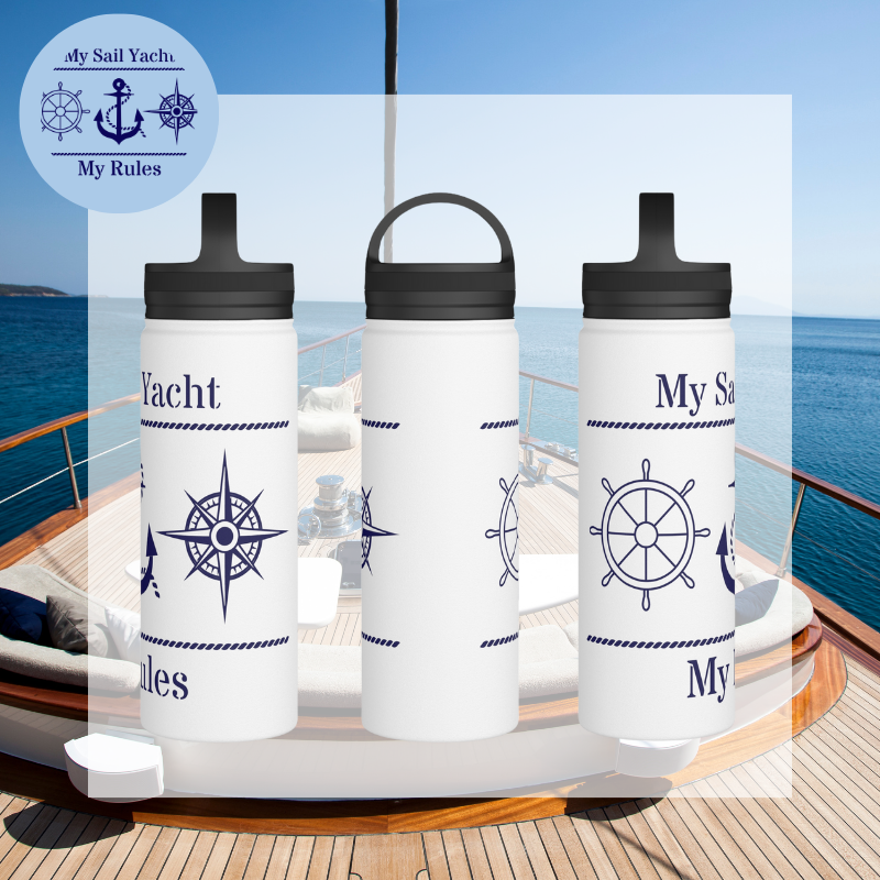 White stainless steel water bottle featuring a bold navy blue anchor design and the phrase 'My Sail Yacht, My Rules,' perfect for nautical enthusiasts asserting their style.