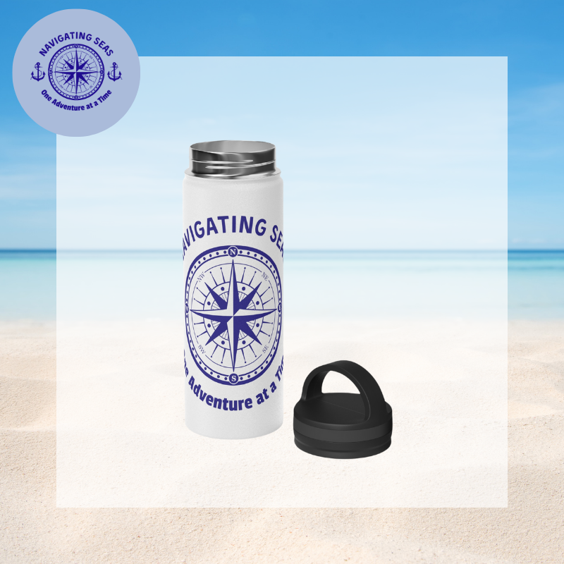 White stainless steel water bottle featuring a blue nautical compass design with the text 'Navigating Seas: One Adventure at a Time,' perfect for adventurous sailors.
