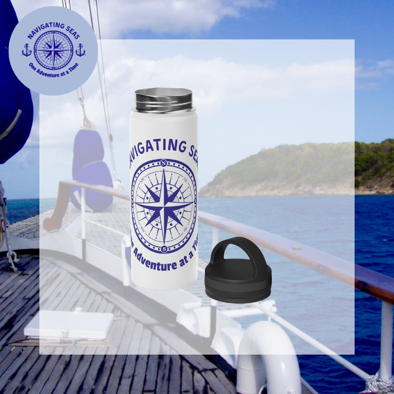 White stainless steel water bottle featuring a blue nautical compass design with the text 'Navigating Seas: One Adventure at a Time,' perfect for adventurous sailors.