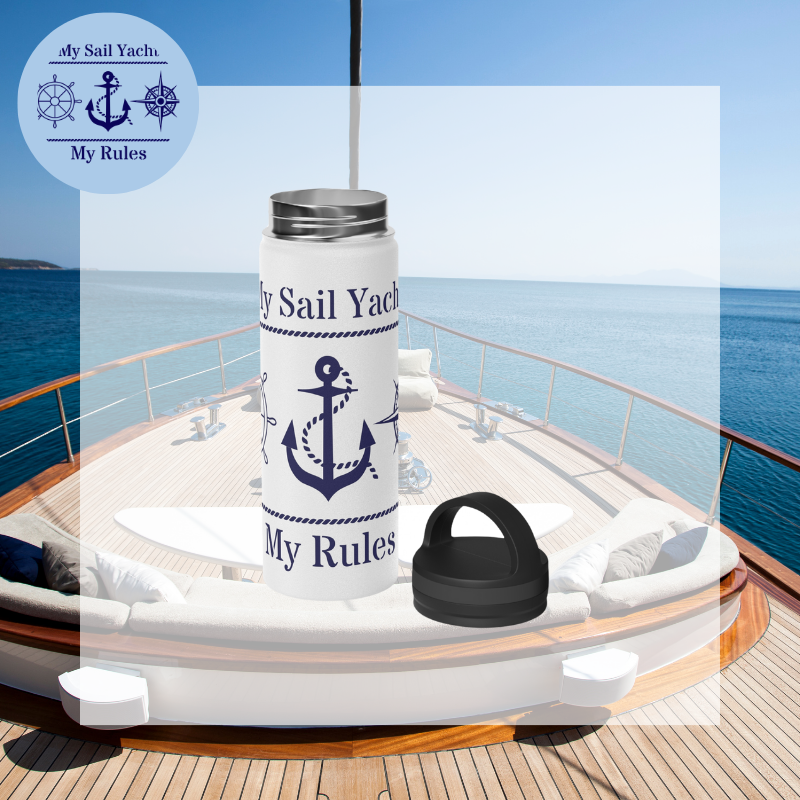 White stainless steel water bottle featuring a bold navy blue anchor design and the phrase 'My Sail Yacht, My Rules,' perfect for nautical enthusiasts asserting their style.