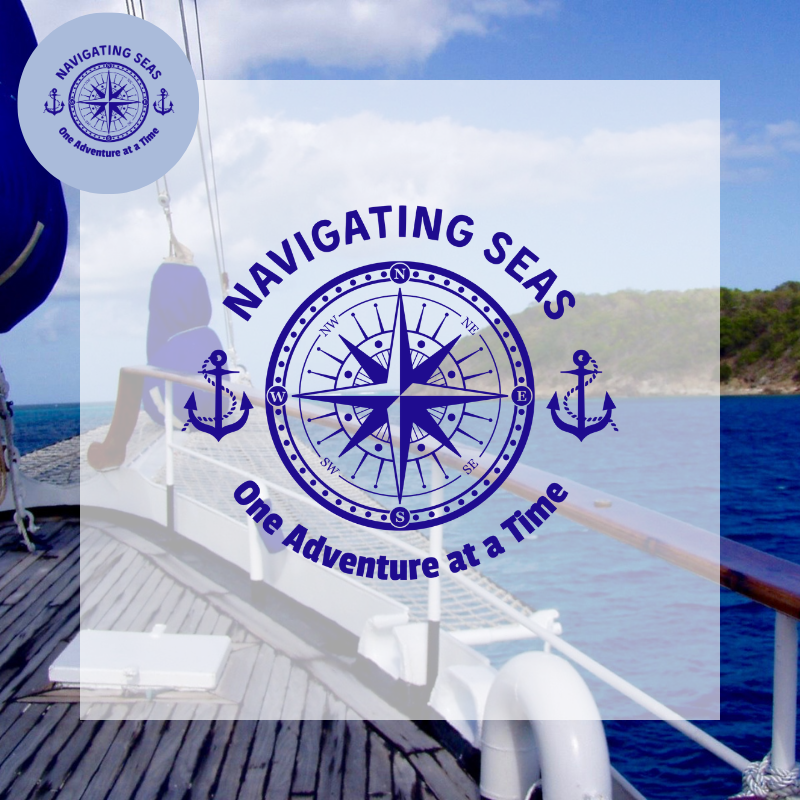 White stainless steel water bottle featuring a blue nautical compass design with the text 'Navigating Seas: One Adventure at a Time,' perfect for adventurous sailors.